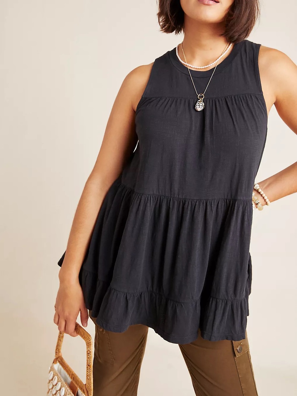 Anthropologie Black Cotton Georgia Tier Babydoll Keyhole Basic Tank Top Tunic.